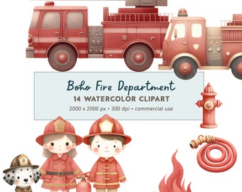 May include: Watercolour clipart set featuring a red fire engine, two firefighters, a dalmatian dog, a fire hydrant, a fire hose, and a flame. The set is titled "Boho Fire Department" and includes 14 images. The images are 2000 x 2000 pixels and 300 dpi. They are for commercial use.