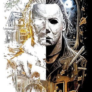 May include: A black and white illustration of Michael Myers, the iconic horror movie character from the Halloween franchise. The image is split in half, with the left side showing a halftone effect and the right side showing a more detailed illustration. The image includes the text "HALLOWEEN" at the top and "HALFTONE IMAGES" at the bottom.