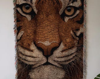 Gewebte Gobelin Decke mit Tiger Gesicht, Cottagecore Home Decor