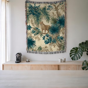 Leopard Tropical Forest Woven Blanket. Mid-Century home decor, Jungle Pattern, Cottagecore Tapestry, Tropical Plants, Gift for Nature Lovers