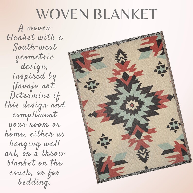 Pu&ograve; includere: Una coperta tessuta con un motivo geometrico nei toni del rosso, nero e azzurro su sfondo crema. Il testo sull'immagine recita: WOVEN BLANKET. A woven blanket with a South-west geometric design, inspired by Navajo art.