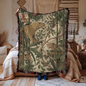Jaguar Tropical Forest Woven Blanket. Mid-Century home decor, Jungle Pattern, Cottagecore Tapestry, Tropical Plants, Gift for Nature Lovers