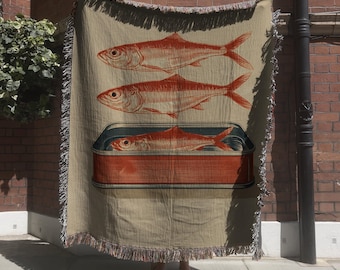 Manta tejida Retro Sardines, manta para amantes de la gastronomía