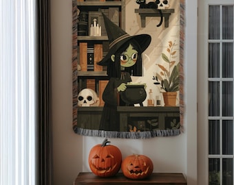 Coperta tessuta a tema "Pozione della strega", decorazione stravagante per Halloween.