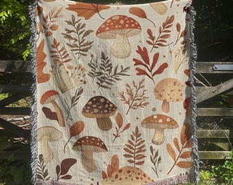 Cottagecore Mushroom Woven Blanket, Fall Leaves, Fairycore