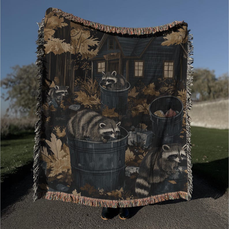 May include: A woven throw blanket featuring a dark forest scene with multiple raccoons interacting with metal trash cans and a cabin in the background. The design incorporates autumn leaves in shades of brown and gold with fringed edges.