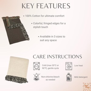 May include: A dark brown cotton throw blanket with multicolored fringed edges and a light beige cotton throw blanket with dark fringed edges. Text includes KEY FEATURES, 100% Cotton, Colorful fringed edges, 3 sizes, and CARE INSTRUCTIONS.