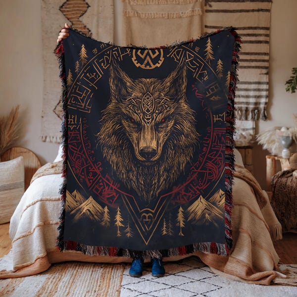 Manta tejida Fenrir Nordic Design, arte mural vikingo, montañas, pinos, entusiasta vikingo, regalo para amantes de la mitología nórdica, folclore.