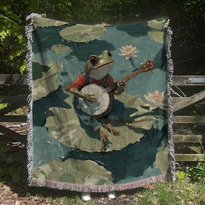 Frog Playing Banjo Woven Throw Blanket: Floral Animal Print Woven Tapestry And Cotton Kawaii Blanket For Goblincore And Fairycore Decor