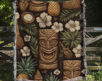 Tapiz tejido tropical floral hawaiano - Decoración para el hogar con estampado de piñas y tikis