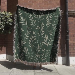 Green Floral Cottagecore Woven Blanket, Botanical Throw, Green and White Leaf Pattern, Home and garden Decor Accent, Gift for Nature Lover