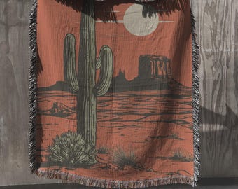 Coperta intrecciata con cactus Saguaro retrò, coperta da deserto arancione bruciato