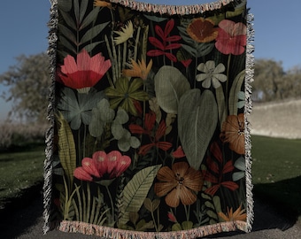 Tropical Botanical Jungle Woven Blanket, Tropical Plant Pattern Tapestry