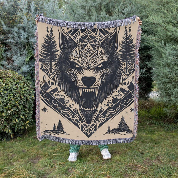 Manta tejida Fenrir de diseño nórdico / Arte mural vikingo