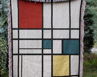 Mondrian Grid Woven Blanket | 100% Cotton De Stijl Art Throw, Modern Decor