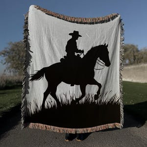 Cowboy Riding Horse Silhouette Woven Blanket, Western-themed tapestry, Cowboy gift, Cowgirl present, Western Movie gift, Simple design decor