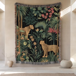Jaguar Tropical Forest Woven Blanket, Mid Century Jungle Pattern, Cottagecore Tapestry, Tropical Plants, Cozy Throw, Gift for Nature Lovers