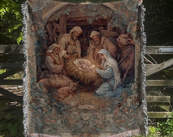 Baby Jesus Cradle Floral Art Woven Blanket, Medieval Tapestry