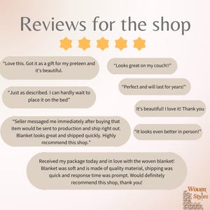 May include: A graphic display titled Reviews for the shop featuring five yellow stars and several customer testimonials in beige speech bubbles. The text includes phrases like Love this, Looks great on my couch, and Woven Stylez logo at the bottom.
