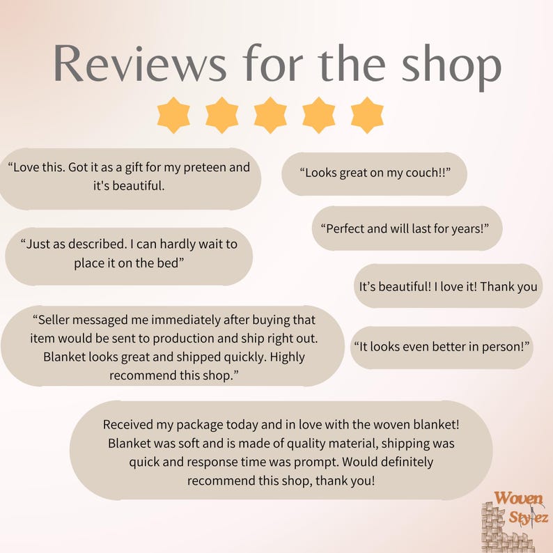 May include: A graphic display titled Reviews for the shop featuring five yellow stars and several customer testimonials in beige speech bubbles. The text includes phrases like Love this, Looks great on my couch, and Woven Stylez logo at the bottom.