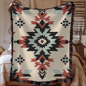 Coperta tessuta con motivi geometrici turchesi in stile sud-occidentale, un'opera d'arte ispirata ai nativi americani. immagine 1