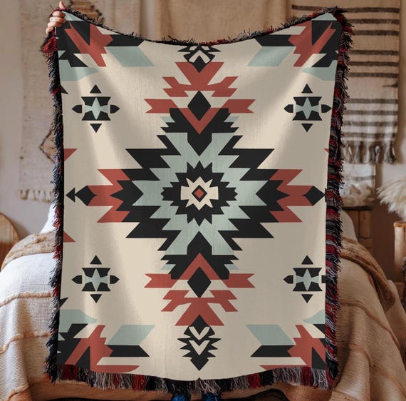 Turquoise Southwest Geometric Woven Blanket, Native-inspired Art Throw