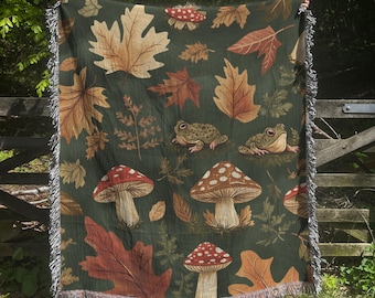 Green Fall and Mushroom Woven Blanket | Cottagecore Throw | Gift For Mushroom Lover