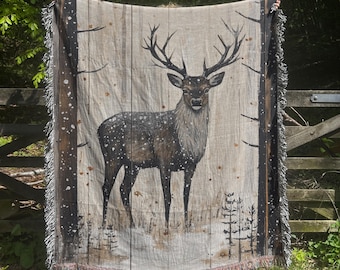 Deer Hunting Woven Cotton Blanket, Cabin Decor Throw