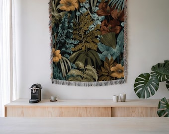 Tropical Botanical Jungle Woven Blanket, Tropical Plant Pattern Tapestry