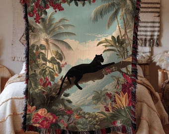 Black Panther Woven Blanket, Tropical Jungle Art, Mid Century Style Decor