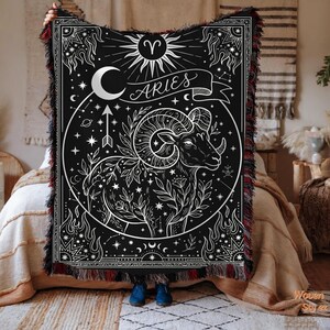 Geweven deken ram ram sterrenbeeld | Mystieke boho zwart-witte astrologie plaid