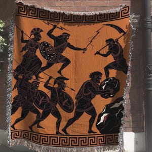 Greek Black-Figure Pottery Style Woven Blanket | Mythology Tapestry, Ancient Art Throw