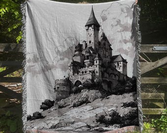 Medieval Castle Woven Blanket: Gothic Fantasy Home Decor