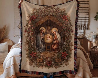 Baby Jesus Cradle Floral Art Woven Blanket, Medieval Tapestry
