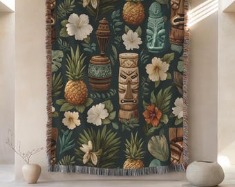 Hawaiian Floral Tropical Woven Blanket | Pineapple and Tiki Pattern