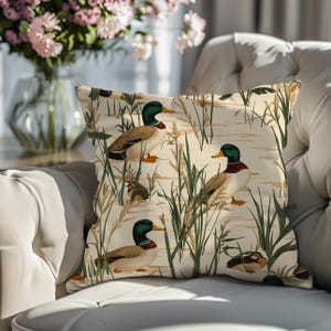 Duck Throw Pillow, Hunting Decor, Waterfowl Art, Dog Theme, Gift for Hunter, Outdoor Home Decor, Duck Hunting Season, Rustic Cabin, Square
