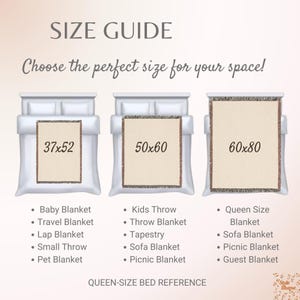 May include: A size guide chart for blankets featuring three rectangular beige blankets with fringed edges displayed over bed illustrations. The sizes listed are 37x52, 50x60, and 60x80 inches. Text includes SIZE GUIDE, Choose the perfect size for your space!, and QUEEN-SIZE BED REFERENCE.