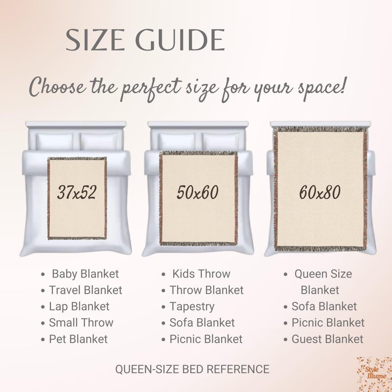 May include: A size guide chart for blankets featuring three rectangular beige blankets with fringed edges displayed over bed illustrations. The sizes listed are 37x52, 50x60, and 60x80 inches. Text includes SIZE GUIDE, Choose the perfect size for your space!, and QUEEN-SIZE BED REFERENCE.