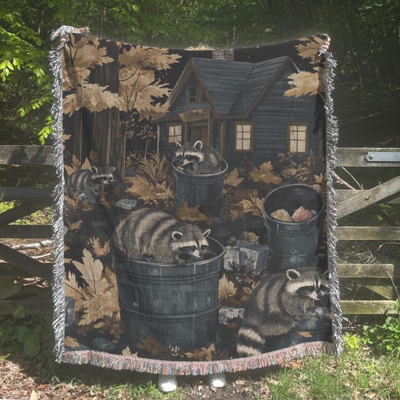 Raccoon in Trashcan Woven Blanket, Fall Home Decor