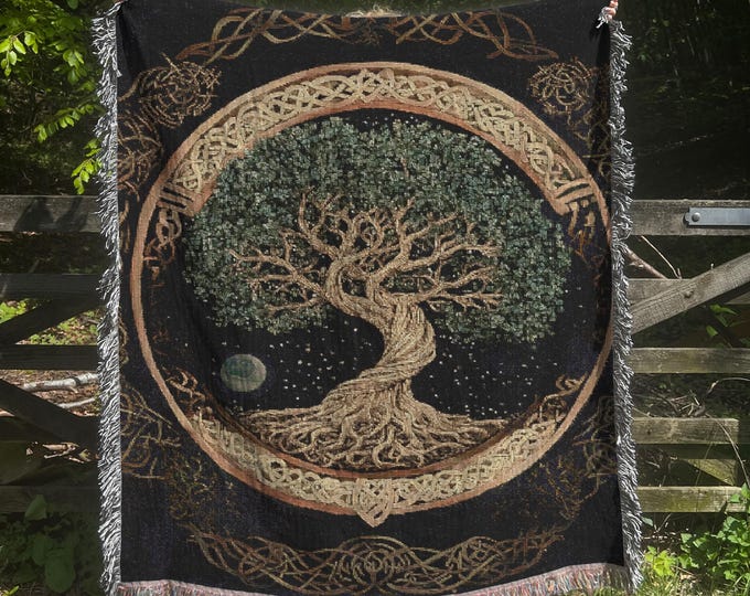 Yggdrasil Tree of Life Woven Blanket, Norse Mythology Symbols, Viking Home Decor, Cottagecore art