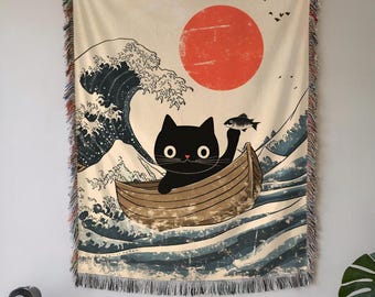 Vintage Cat Fishing Big Wave Woven Cotton Blanket, Japanese Inspired Art