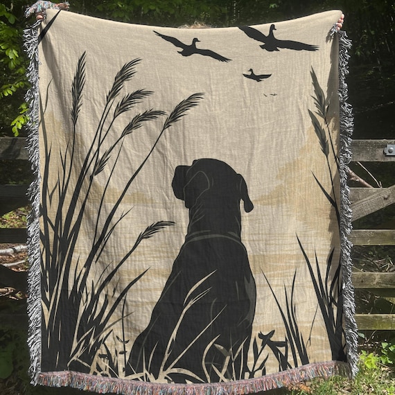 Black Lab Hunting Woven Blanket, Waterfowl Duck Art, Outdoorsman