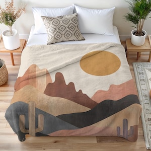 Retro Desert Sunset Throw Blanket, Cactus Decor, Southwestern Home Decor, Velveteen Plush, Sherpa Fleece, Cozy Bedding, Nature Lover gift