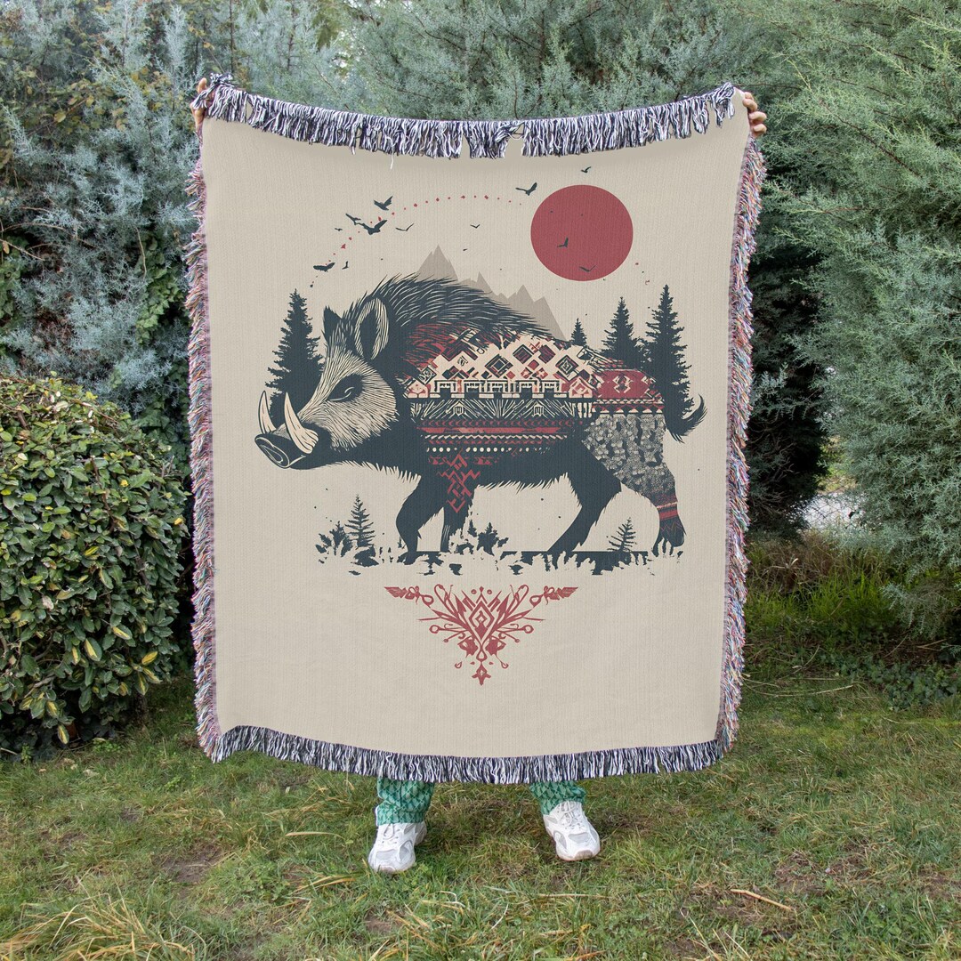 Nordic Wild Boar Logo Woven Blanket | Scandinavian Boar, Pine Trees ...