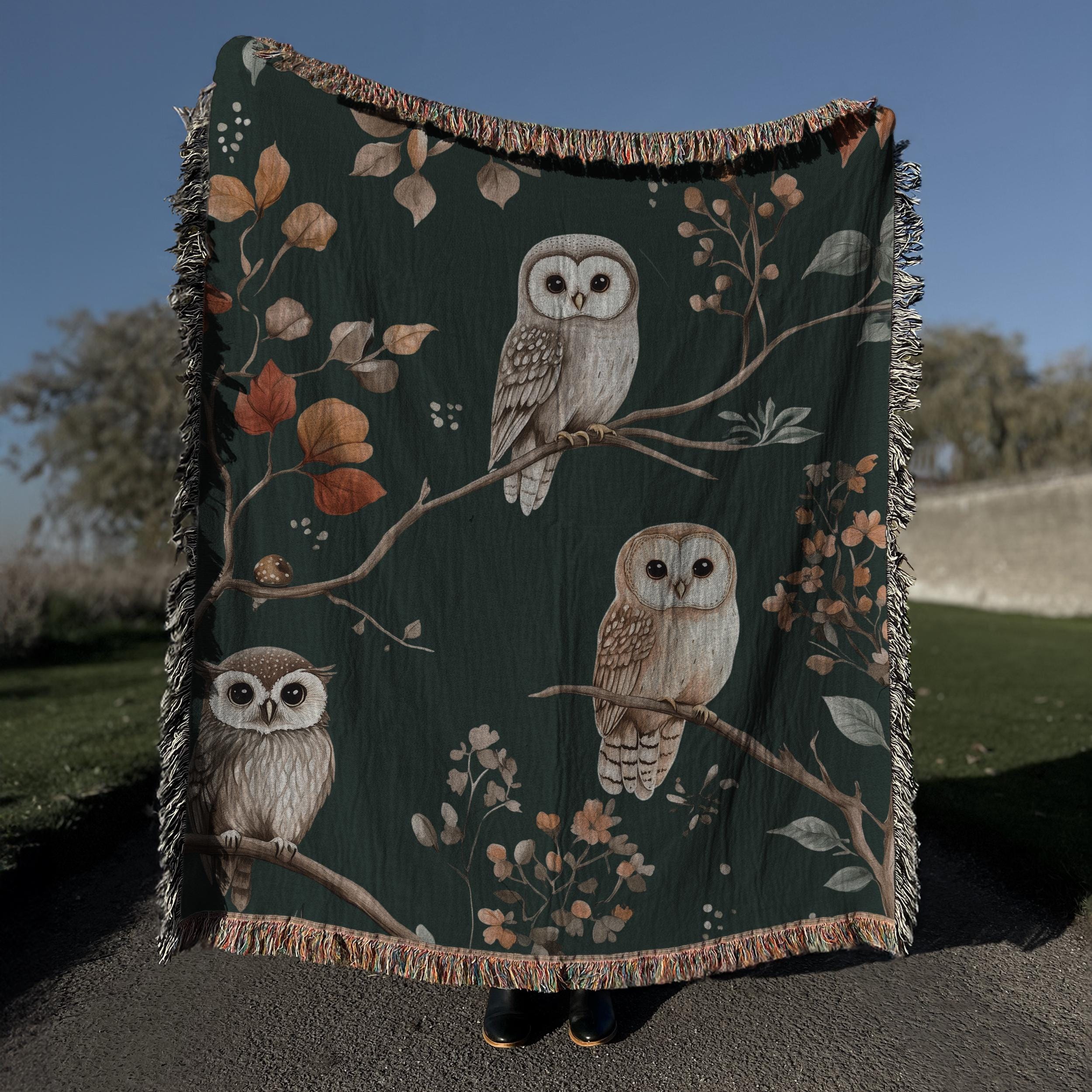 Perched Owl Woven Blanket, Woodlands Throw, Perched Owls, Forest Wall Tapestry, Cottagecore Forest D
