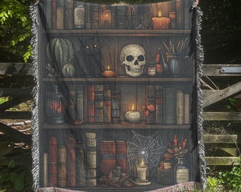 Spooky Halloween Bookshelf Woven Blanket | Gothcore Art