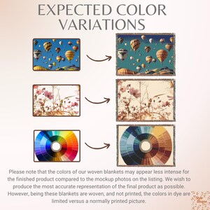 May include: A comparison chart titled EXPECTED COLOR VARIATIONS showing three digital images on the left and their corresponding woven blanket versions on the right, featuring hot air balloons, flowers, and a color wheel with text below.