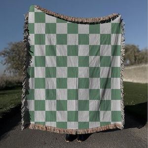 Green and White Checkered Pattern Woven Blanket, Cozy Throw Blanket, Tartan Plaid Home Decor, Picnic Blanket, Bedding Decor, Lightweight