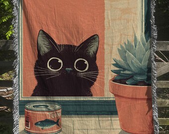 May include: A woven throw blanket featuring a black cat with large eyes, a potted succulent, and a can of tuna. The design includes a terracotta-colored wall, a tiled floor, and a dark green border with fringed edges on the top and bottom sides.