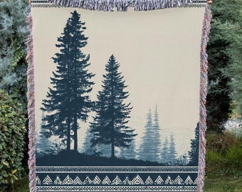 Nordic Pine Trees Mountains Woven Blanket | Borre Style Forest Pattern